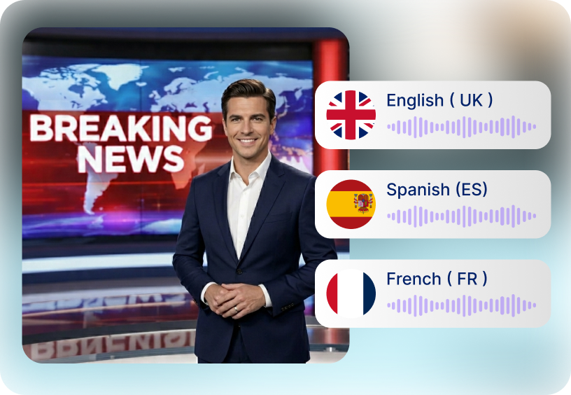 Generate AI news reporter video in 10+ languages with natural human voices and accents.